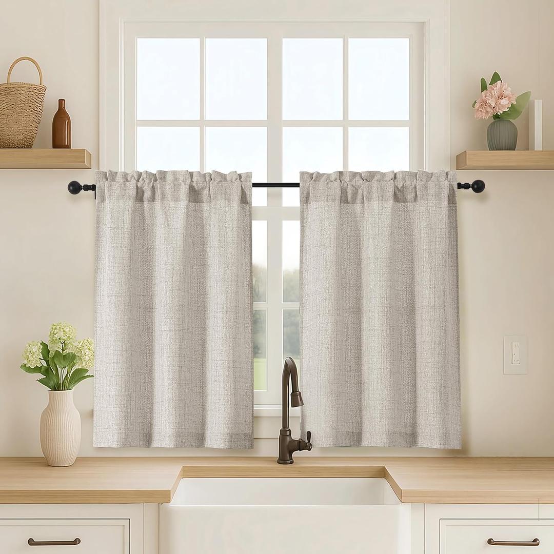 OVZME 2 Panels Kitchen Curtains 36 Inch Length, Faux Linen Textured Small Cafe Window Curtain Over Sink, Light Filtering Short Curtain Tiers for Bathroom Basement, 30x36 Inch, 2PCS, Linen Color