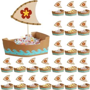 Jingmore 24 Pcs Theme Party Decorations Set Disposable Paper Food Serving Tray Boats Tray with Bamboo Sticks for Concession Food Carnivals Tropical Aloha Gasparill Pirate Party Supplies(Hawaii Luau)