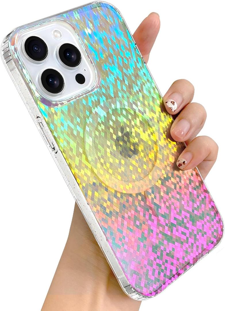 SOKAD Iridescent Magnetic for iPhone 15 Pro Case, Compatible with Magsafe, Aesthetic Glitter Sparkly Diamond Design for Girls Women, Unique Glossy Fluorescent Holographic Protective Phone Case