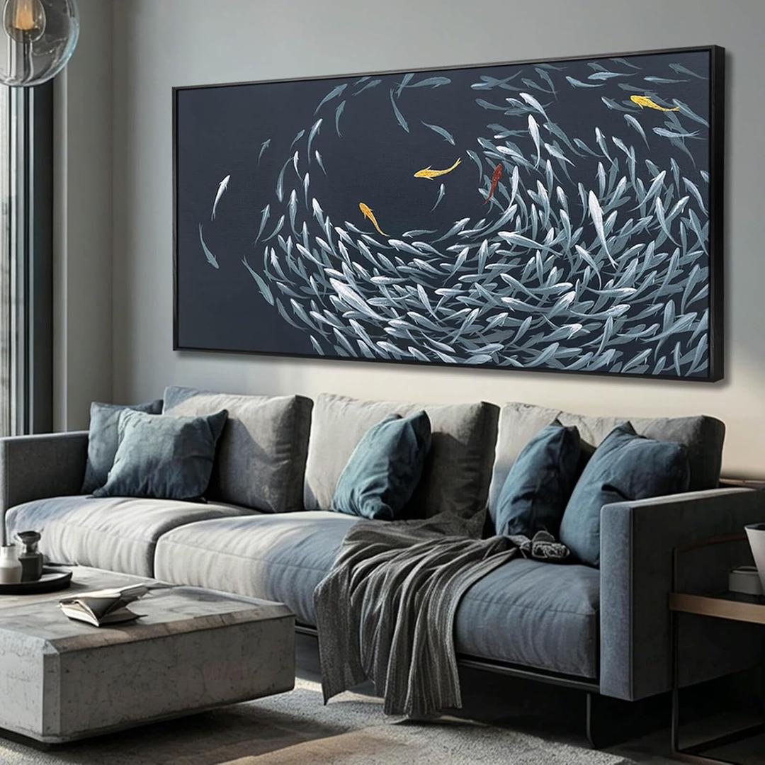 Framed Wall Art,Sea Fish Wall Decor for Living Room,Blue Beach Theme Artwork,Coastal Large Pictures Poster Prints Arts for for Bedroom Dining Room 29"x58"