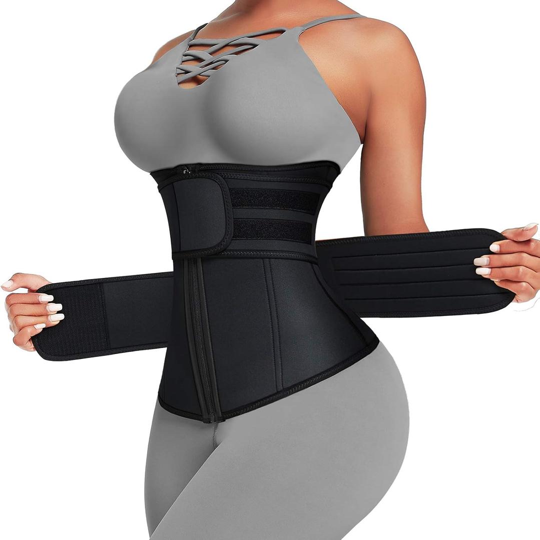 Waist Trainer for Women Plus Size Two Belts Neoprene Workout Corset Waist Cincher Trimmer with Zipper (Large, Black (2 Belts 7 Steel Bones Zipper Closure))