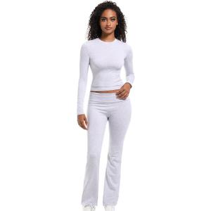 2 Piece Lounge Sets for Women Casual Long Sleeve Crop Top Fold Over Flare Yoga Leggings Pants Outfits Pajamas Set (X-Small, Grey)