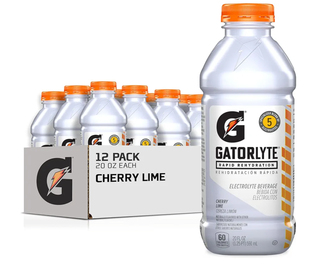 Gatorlyte Rapid Rehydration Electrolyte Drink, Cherry Lime, Specialized Blend of 5 Electrolytes, Lower Sugar, No Artificial Sweeteners, No Artificial Flavors, 20 fl oz Bottles (12 Pack), Best By: APR/13/2026