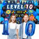 Vlipoeasn 90PCS 10th Birthday Video Game Party Decorations for Boys - Blue 10th Video Game Backdrop, Balloons, Tablecloth, Gamer and 10 Foil Balloons for 10th Birthday Party Supplies