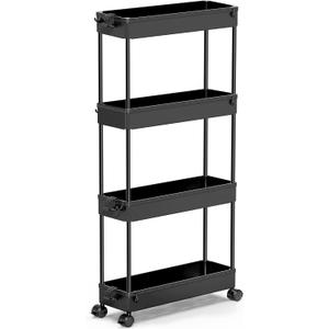 SPACEKEEPER Slim Rolling Storage Cart 4 Tier Bathroom Organizer Cart Mobile Shelving Unit Slide Out Utility Cart for Kitchen, Bthroom, Makeup, Craft, Laundry Narrow Places, Black