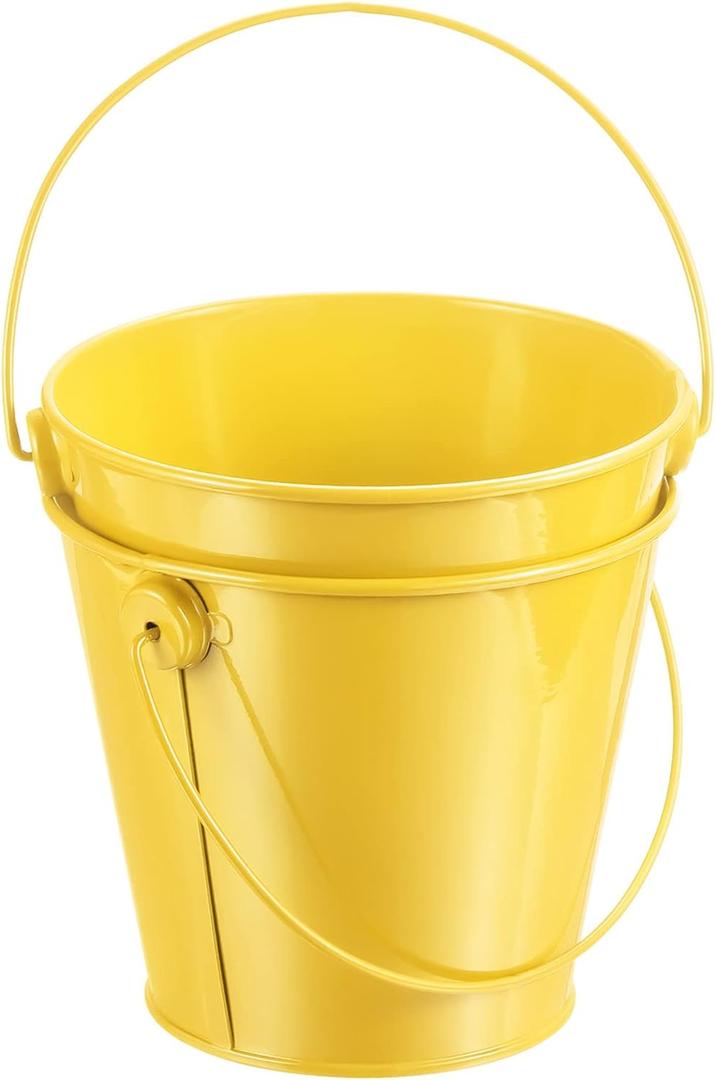 PATIKIL 4.7 Inch Colored Metal Buckets, 2 Pack Pencil Holder Buckets Round Metal Planter Pails Container with Handles for Classroom Crafts, Yellow