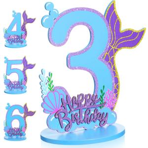 Mermaid Birthday Number Sign Centerpiece for Girls Wooden Mermaid Party Number Table Sign Decoration Supplies for Birthday Anniversary(Number 3)
