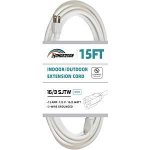 Indoor/Outdoor Extension Cord, 16 Gauge 15FT White 3 Prong Heavy Duty, Weatherproof, UL Listed, 16/3 SJTW 13A Power Cord for Outdoor Lights, Appliances, Lawn
