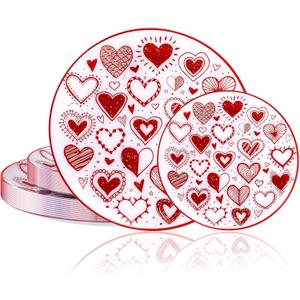 U-QE 20Pcs Red Plastic Plates - Diamond Heart Valentines Plates Disposable Heavy Duty, Fancy Love Pattern Perfect for Weddings, Parties, Valentine's Day - 10.25" Dinner Plate & 7.5" Dessert Plate