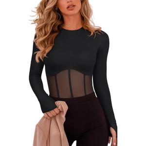 REORIA Women's Trendy Sexy Crew Neck Thumbholes Long Sleeve Sheer Mesh Going Out Bodysuit Tops (Black, Size XL)