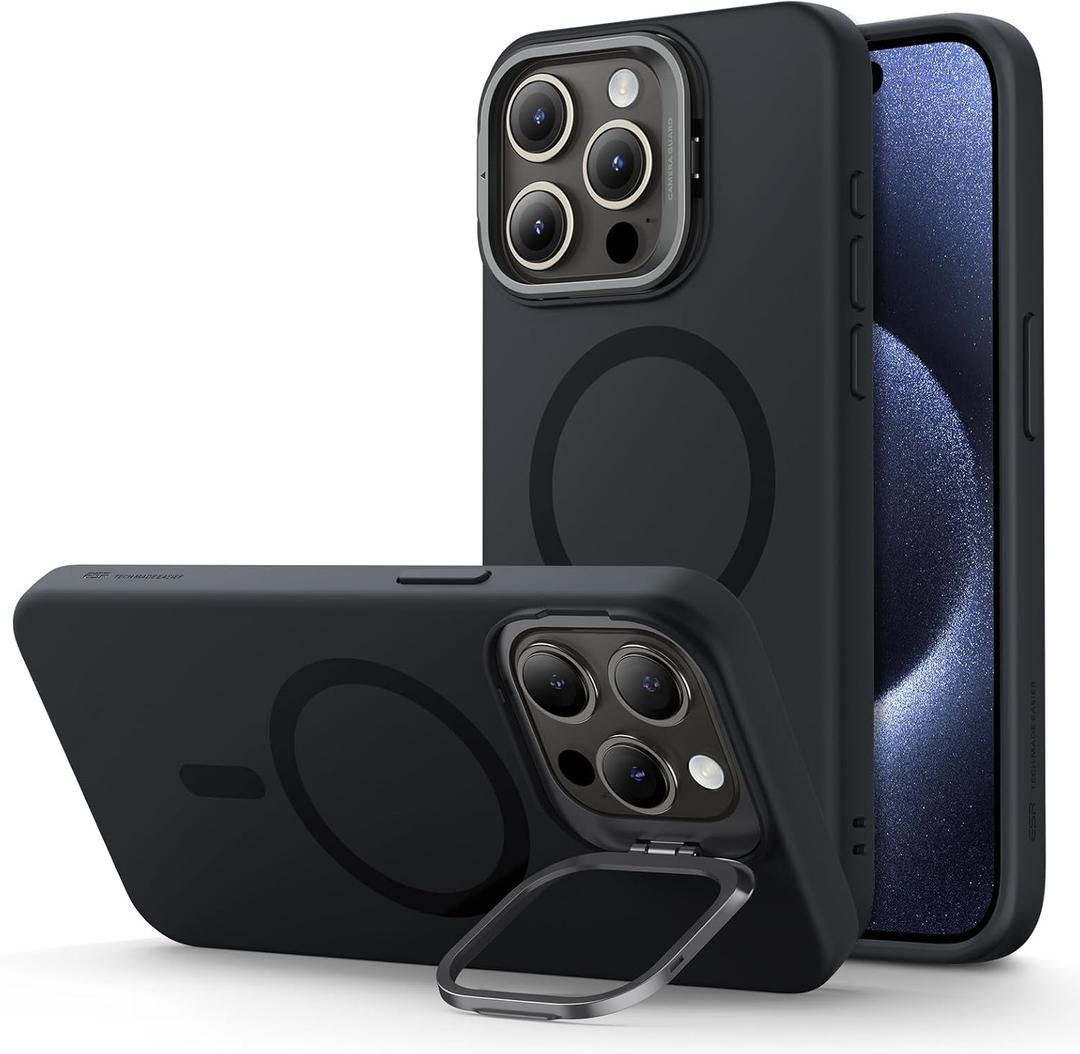 ESR for iPhone 15 Pro Max Case, MagSafe Silicone Case with Stand, Military-Grade Protection, Built-in Camera Stash Stand, Magnetic Phone Case for iPhone 15 Pro Max, Cloud Series, Black