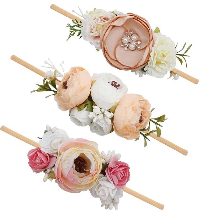 Baby Girl Floral Headbands- 3pcs Nylon Headband Handmade Flower Crown Elastic Hairband Newborn Toddler Hair Accessories Gifts for Girls （1-6 years old）