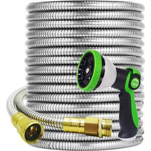 Garden Hose 100ft Water Hose with 10 Function Hose Nozzle Sprayer, Metal Flexible Lightweight Hose Stainless Steel, RV, Marine and Camper Hose, Drinking Water Safe, 3/4" Solid Fittings