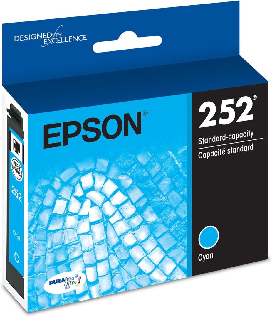 EPSON 252 DURABrite Ultra Ink Standard Capacity Cyan Cartridge (T252220-S) Works with WorkForce WF-3620, WF-3640, WF-7110, WF-7610, WF-7620, WF-7710, WF-7720, WF-7210