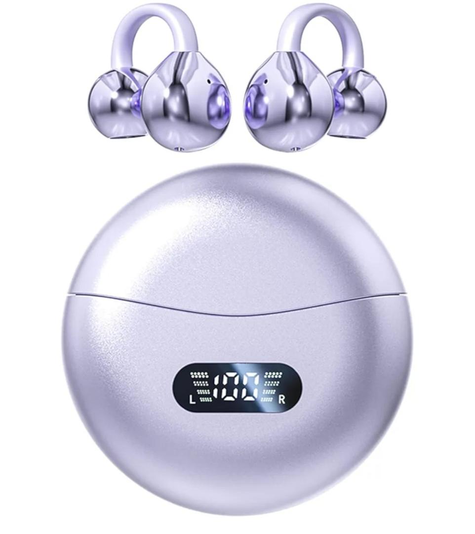Open Ear Clip Wireless Headphones, Bluetooth 5.4 Earbuds with LED Display Charging Case – Lightweight and Comfortable for Fitness, Running, Cycling, and Gym Workouts (Purple)