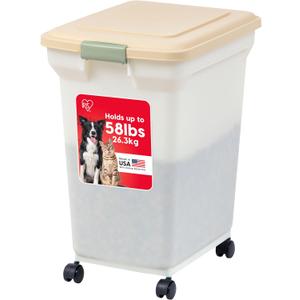 IRIS USA WeatherPro Airtight Dog Food Storage Container, Up to 58 lbs, Attachable Wheels, For Dog Cat Bird and Other Pet Food Storage Bin, Keep Fresh, Translucent Body, Pearl/Almond