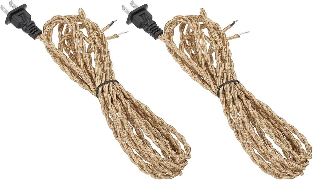 uxcell 8Ft 18/2 Twisted Cloth Covered Lamp Cord, 2 Pcs Vintage Fabric Electrical Wire with Plug Stripped Ends Ready for Extension Wiring DIY Repairing, Light Golden