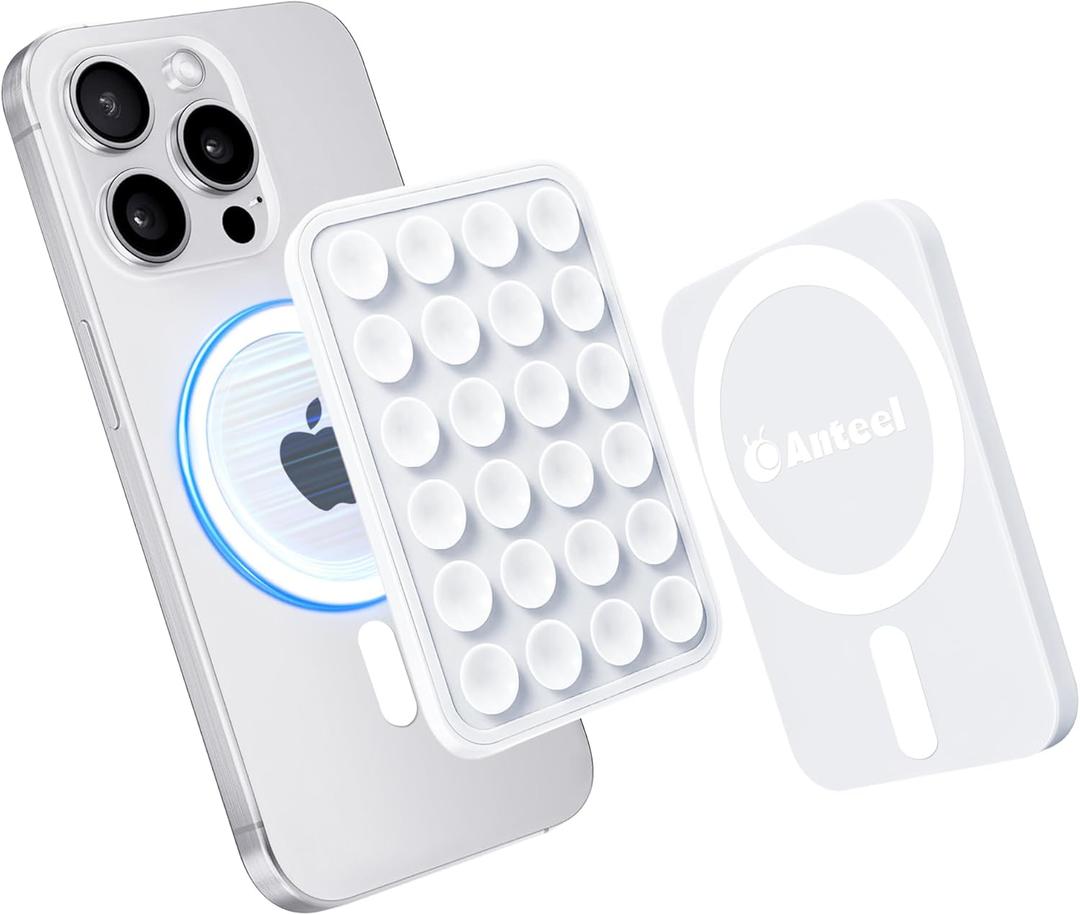 Anteel Silicone Grip Secure Mirror Shower Phone Holder for iPhone 16/15/14/13/12, Magnetic Suction Phone Mount for MagSafe Case, Hands-Free Selfie/Video for TikTok Creator/Influencer (White)