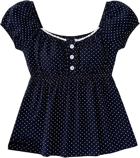 SOLY HUX Girl's Polka Dots Peplum Tops Puff Short Sleeve Ruffle Cute Babydoll Blouse Blue Polka Dots 10Y