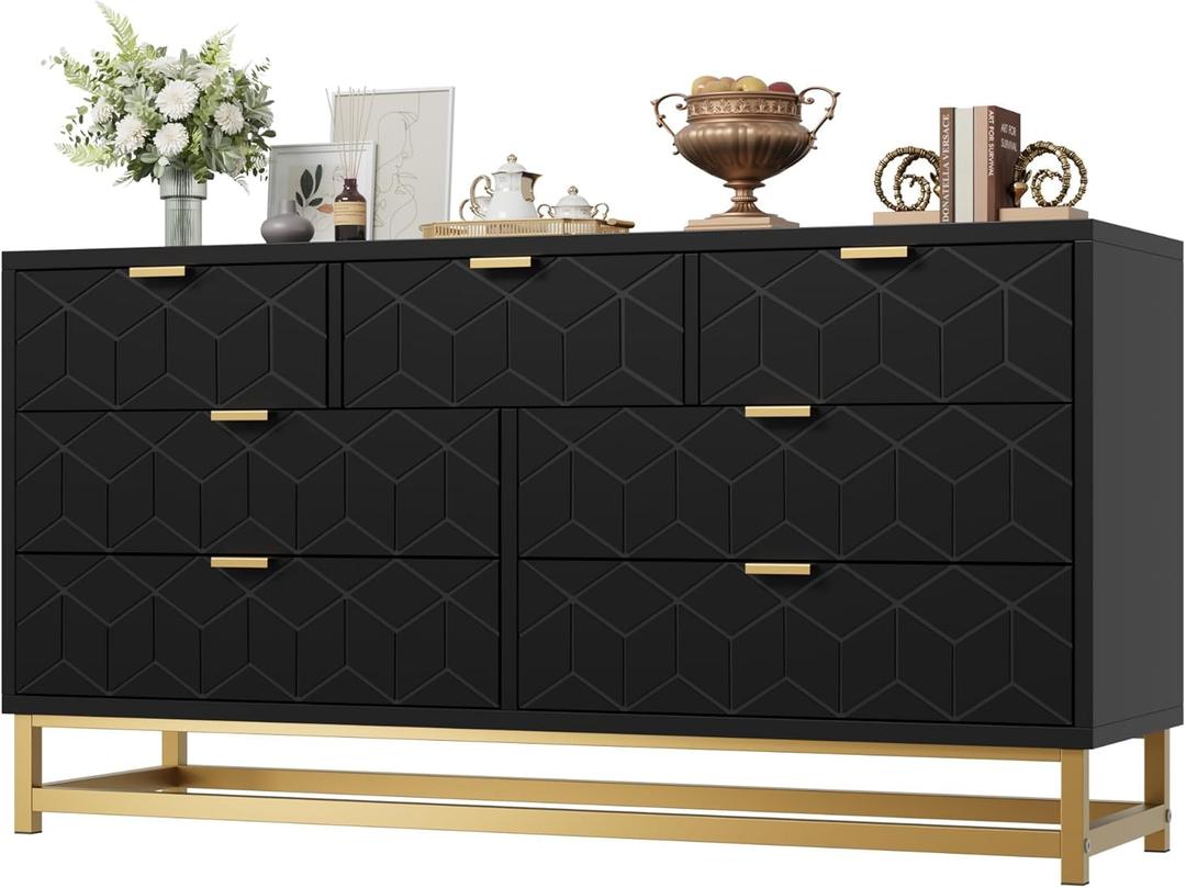 IDEALHOUSE Black 7 Drawer Dresser for Bedroom, 53.5 Large Dresser with Metal Legs, Modern Chest Organizer with Wide Storage, Chest of Drawers for Bedroom, Living Room, Entryway