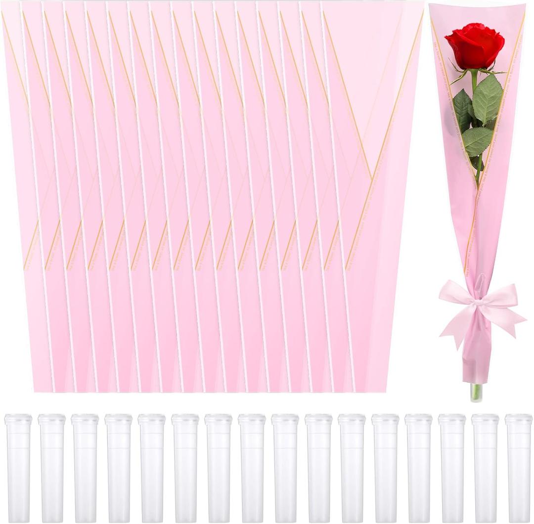 Thenshop Set of 400 Single Rose Sleeve Bulk Valentine Flower Packaging Kit 200 Pcs Single Flower Wrapping Bouquet Bags 200 Pcs Plastic Water Tubes for Mothers Day Wedding Graduation Birthday(Pink)