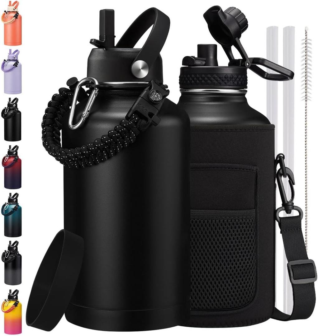 64 oz Water Bottle with Straw & Spout Lids, Keep Cold 48H, Half Gallon Insuated Water Bottle with Paracord Handle & Carrier Bag, 64/128 oz Water Jug Stainless Steel Metal Flask for Men Woman Gym (Black)