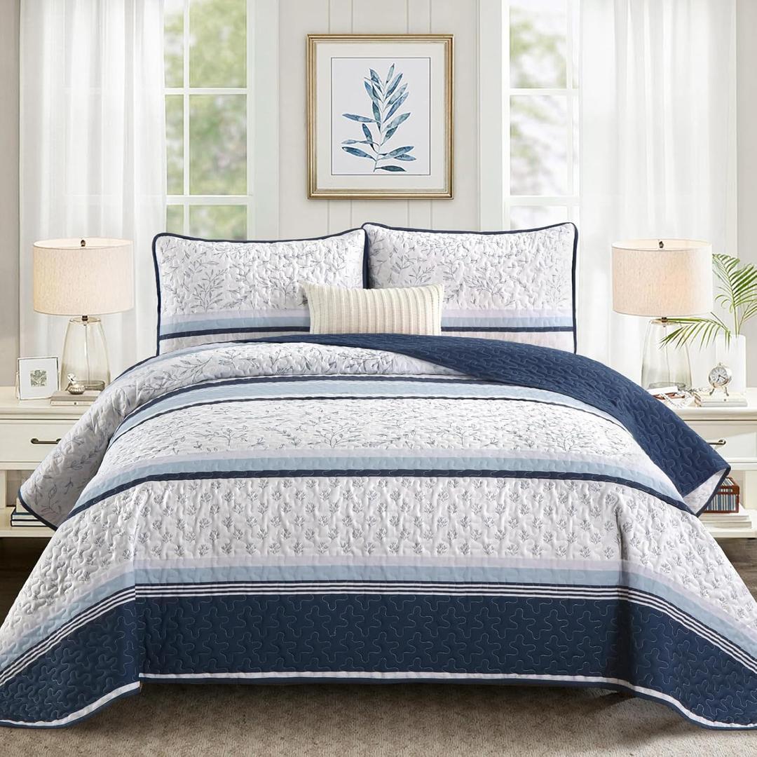 DJY Striped Quilt Set King Size, Navy Blue Boho Striped Patchwork Leaves Printed Bedspread Coverlet Set 3 Pieces Soft Lightweight Microfiber Quilted Bedding Set for All Season (104"x90")