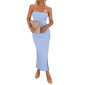 PRETTYGARDEN Women's Summer Bodycon Maxi Tube Dress Ribbed Strapless Side Slit Long Going Out Casual Elegant Party Dresses (Light Blue,Small)