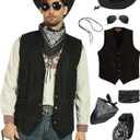 7pcs Cowboy Costume Outfit for Men Western Cowboy Clothes Vest Accessories for Cowboy Party (Large, Black)