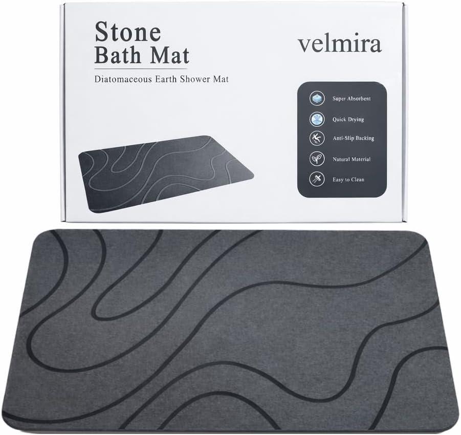 Stone Bath Mat, Quick Dry Shower Mat, Diatomaceous Earth Shower Mat, Non-Slip Hard Surface, Ultra Absorbent Bathroom Floor Mat for Tub, Entry, or Sink  23.6" x 15.4", Gray (Wave) (Grey)