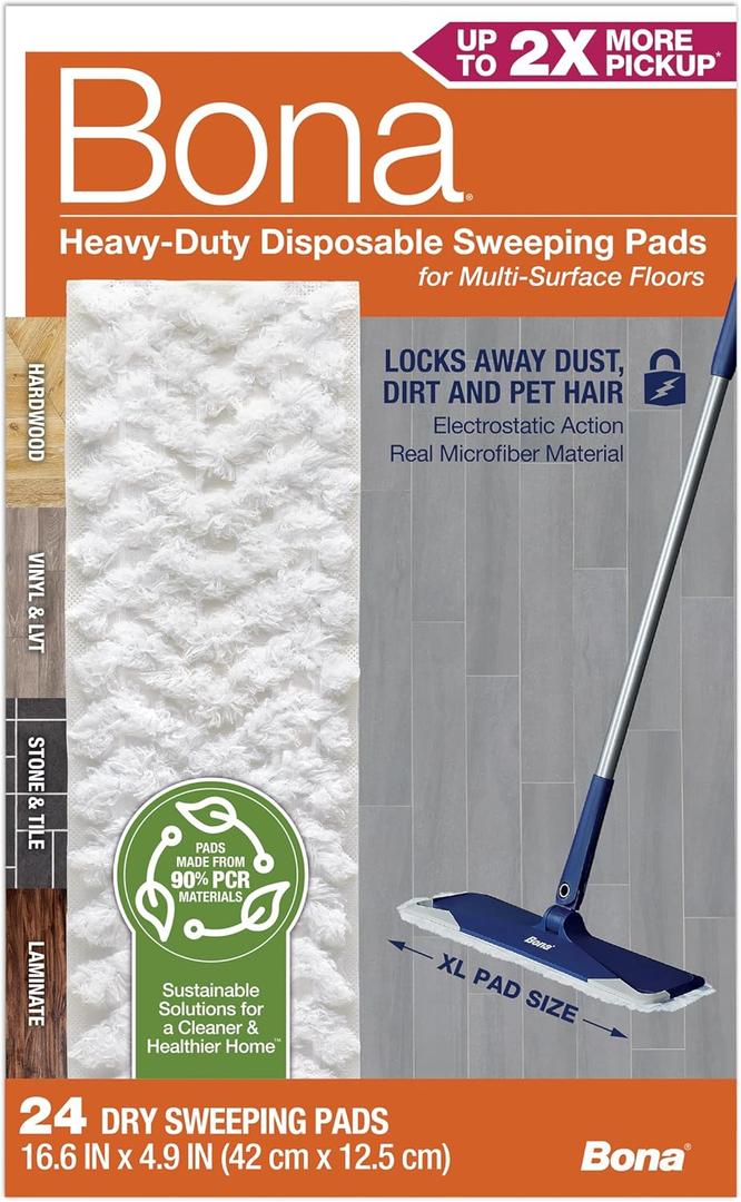 Bona Sweeping Pads for Multi-Surface Floors - 24 Refills - Heavy-Duty & Disposable XL Microfiber Pads Sweep Away Dust, Dirt, & Pet Hair