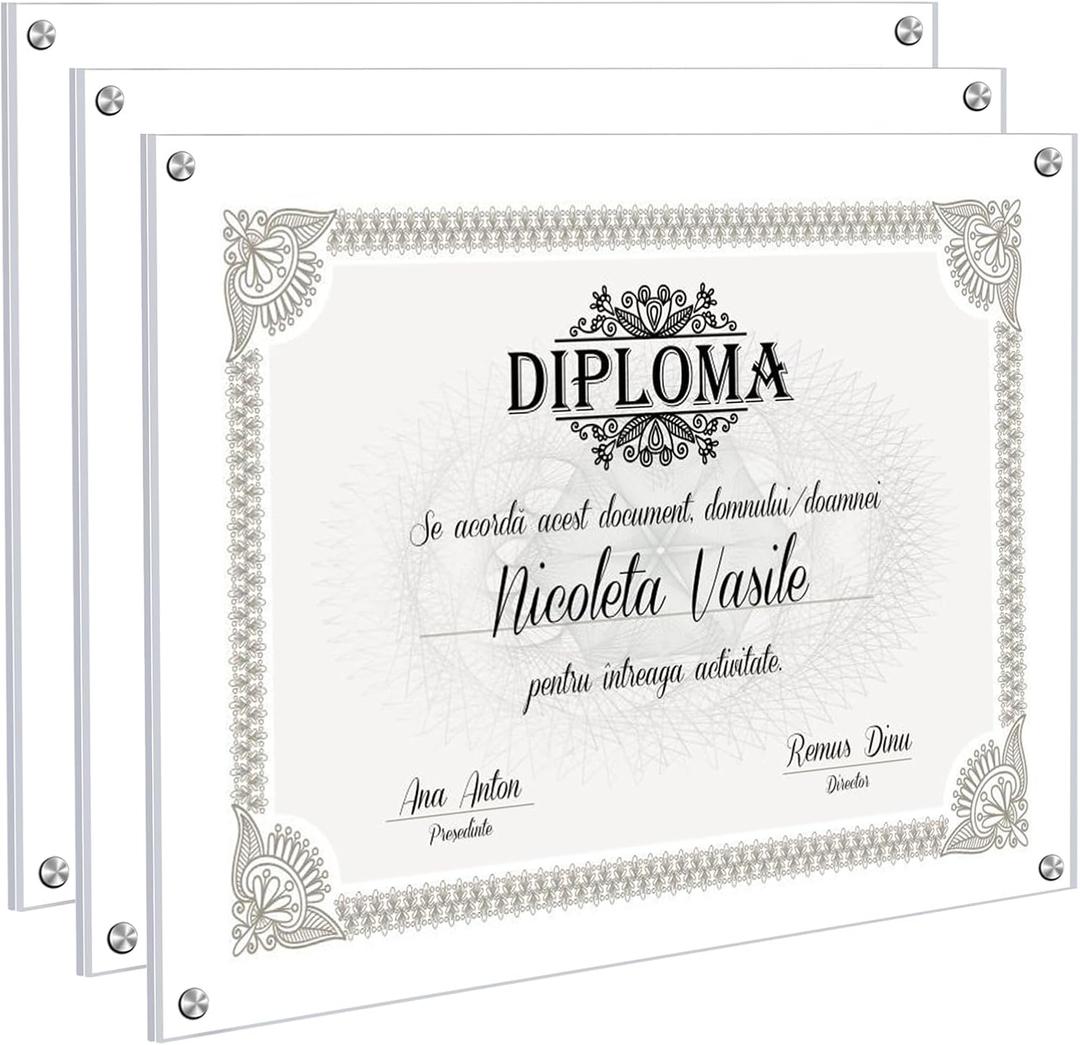 Kalami 3 Pack 11x14 Acrylic Wall Mount Picture Frame Self Adhesive, Floating Frameless Clear Photo Frame for Diploma Certificate Degree Document Display Gallery Wall-Full Frame Size 12.4x15.4