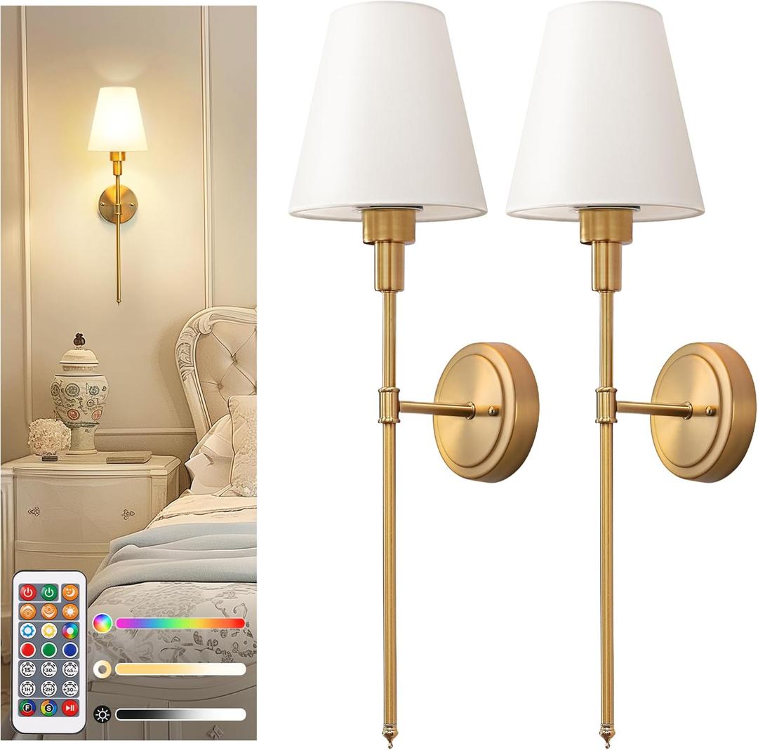 DORESshop Battery Operated Wall Sconce Set of 2, Wall Light Wireless Easy to Install Remote Control, Dimmable and Adjustable Sconces Wall Decor, Rechargeable Wall Lamp for Bedroom, Living Room, Gold (24.6 inch)