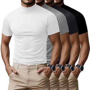 Ficerd 4 Pack Men's Mock Neck T Shirts, Short Sleeve Mock Turtleneck Undershirt Pullover Basic Causal Solid Tee Tops for Men, Size L