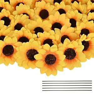 Coferset 100pcs Fake Sunflower Heads with Stems, 2.4" Sunflower Artificial Silk Flower Heads for Party Baby Shower Wedding Making Handicrafts Home Decor(100pcs)