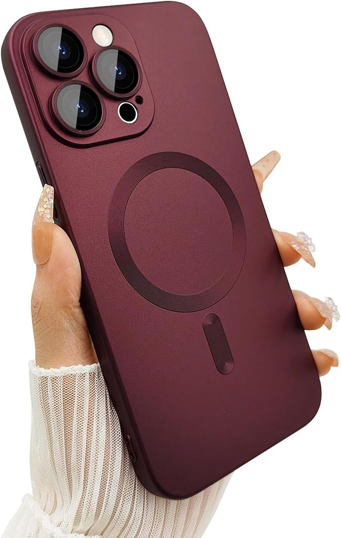 ankofave Magnetic for iPhone 15 Pro Phone Case for Women, Matte Luxury Soft Metallic Luster Design with Camera Lens Protector, Compatible with Magsafe Case for iPhone 15 Pro 6.1"-Red Wine