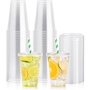 JOLLY PARTY 100Pack 16 oz Clear Plastic Cups With Flat Lids, Disposable Clear Cups with Straw Slot Lids, Crystal Clear Disposable Drinking Cup for Juice Ice Cream Milkshake Iced Coffee Cold Drink