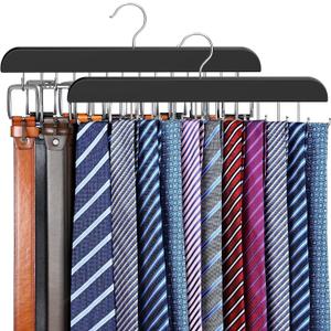 2 Pack Tie Rack & Belt Hanger 2 in 1 Tie Hanger Space Saving Max 42 Belts& 60 Ties Capacity for Closet Organizers and Storage, Sturdy Wood Belt & Tie Collection Organizer (Black)