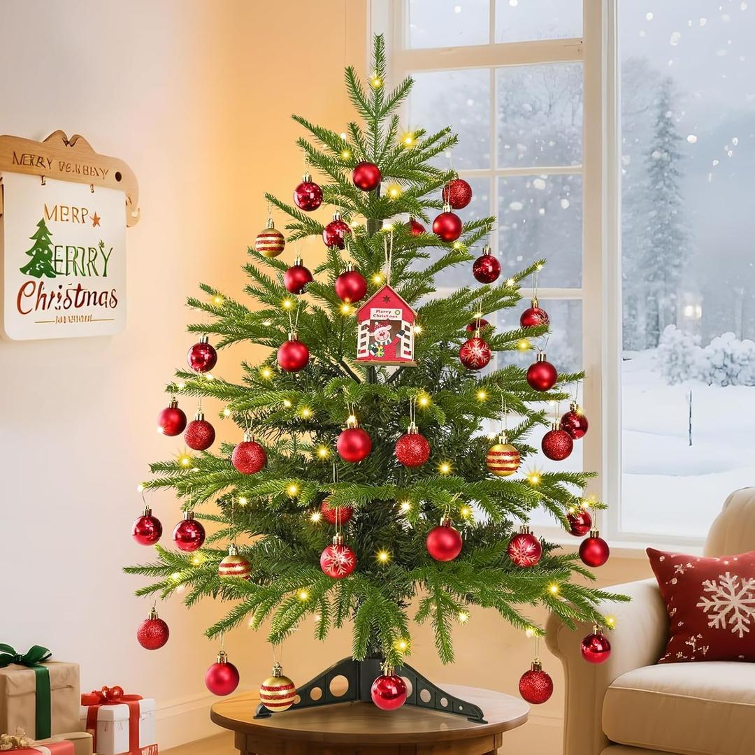 MARTINE MALL 3FT Realistic Norfolk Pine Tree Small Christmas Tree with 50 LED String Light, Full Mini Christmas Tree Artificial Tabletop Xmas Trees with Red Hanging Ball Ornaments for Table Holiday