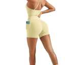 OMKAGI 2 Piece Workout Sets for Women Padded Sports Bra Tank Booty Gym Shorts with Pockets (Yellow, S)