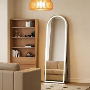 NEWBULIG 59"x15.75" Arched Full Length Mirror with Light, 3 Color Lighting Full Body Floor Mirror with Aluminum Alloy Thin Frame, Wall or Standing Mirror for Bedroom, Living Room, Dressing Room, White