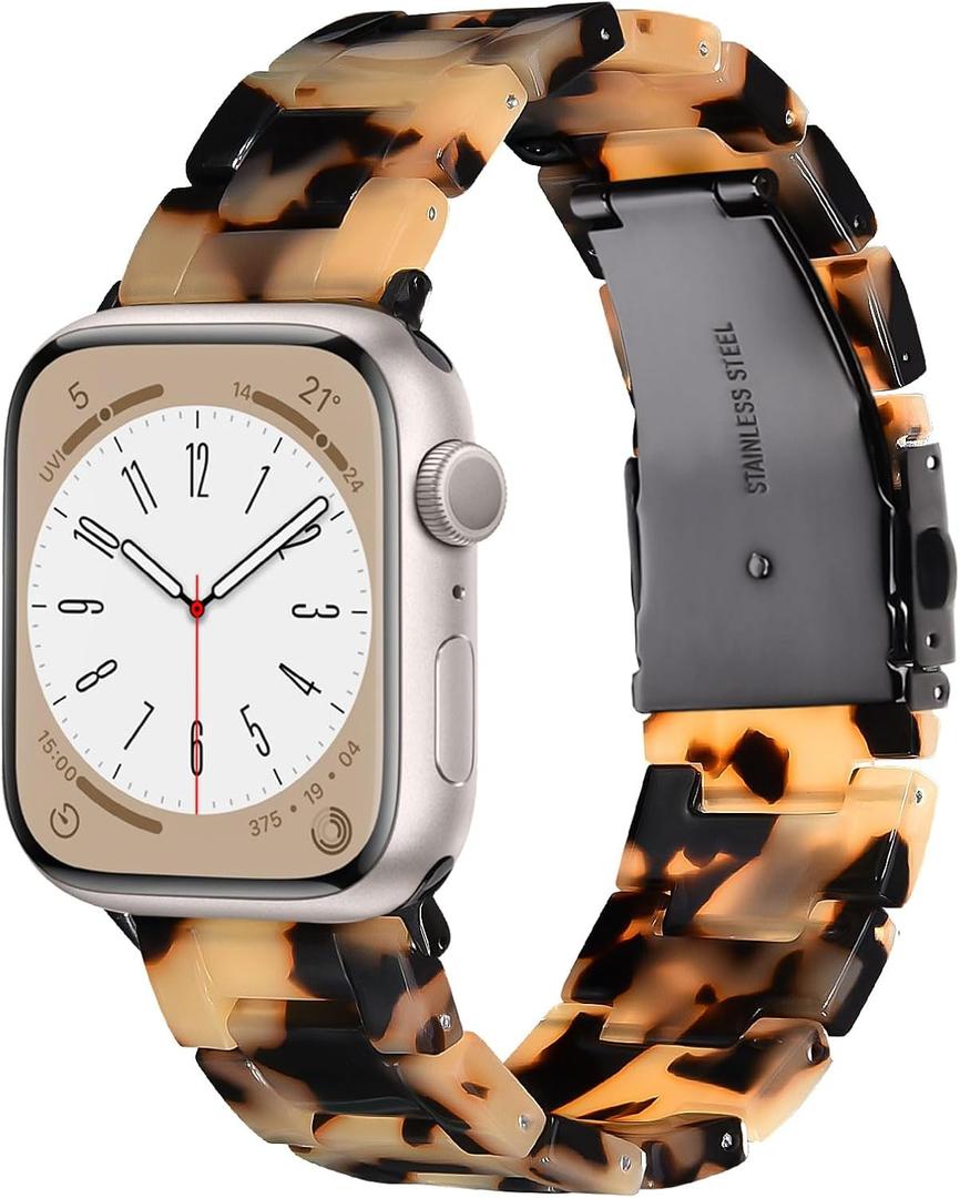 Resin Watch Band Compatible with Apple Watch Band for Women 38mm 40mm 41mm Tortoise Metal Buckle Wristband Bracelet Strap for iWatch Series 10 9 8 7 6 5 4 3 2 1 SE (Tortoiseshell Floral)