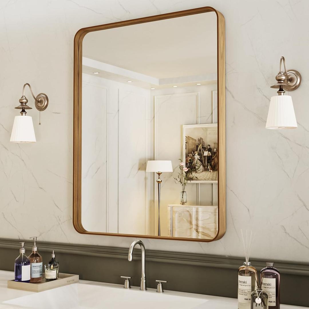 LOAAO 20X30 Inch Bathroom Mirror with Wood Grain Colored Metal Frame, Rounded Rectangle Metal Framed Bathroom Mirror, Anti-Rust, Hangs Horizontally or Vertically