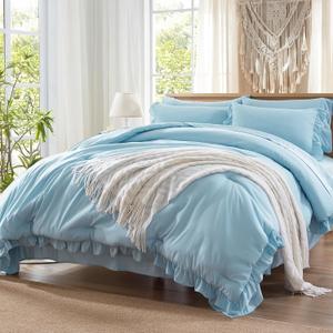 Anluoer King Comforter Set, Blue Bed in a Bag 7 Piece with Sheets, All Season Ruffle Shabby Chic Bedding Sets with 1 Comforter, 2 Pillow Shams, 2 Pillowcases, 1 Flat Sheet, 1 Fitted Sheet