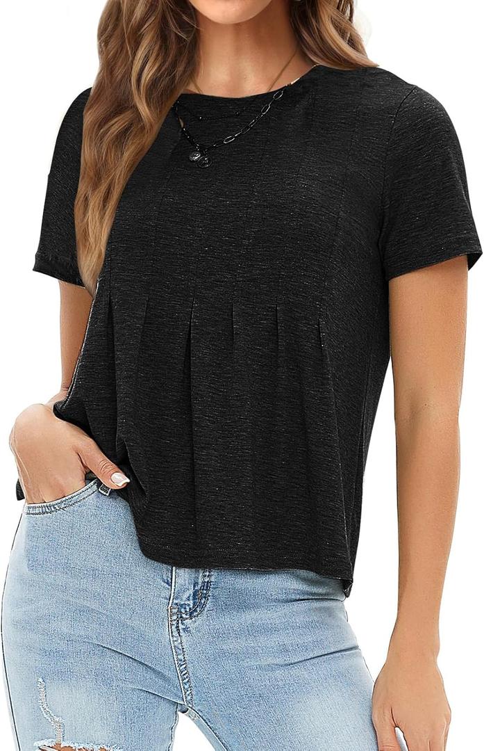 EXLURA Womens Summer Cute Crop Tops Short Sleeve Pleated Tshirts Crewneck Business Trendy Blouse Beach Vacation Outfits 2026 (Large, Black)