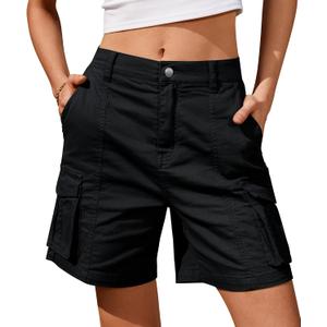 IVIR Bermuda Shorts for Women Cargo Shorts Knee Length 6 Pockets Elastic Waist Long Shorts for Summer Casual (Black, L)