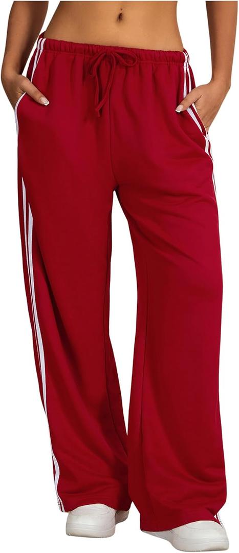 Women's Side Striped Pant Baggy Wide Leg Sweatpants Drawstring Low Waisted Slit Track Pants Streetwear Joggers (Red), Small