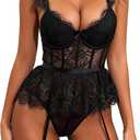 Lace Bodysuit Women Lingerie Set Sexy Underwire Babydoll with Mini Skirt and Garter Corset Dress Rave Outfit (Medium, Black)