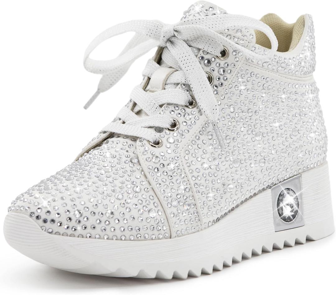 Women's Fashion Glitter Sneakers Platform Wedge Shoes Sparkly Rhinestone High Top Sneakers Trendy Sequin Shoes Wedding Bride Dress (9.5, White)