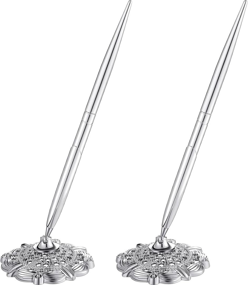 Outus 2 Pieces Hollow Round Pen Holder Pen Set for Wedding Bridal Engagement Guests Book Valentines Favor (Silver)
